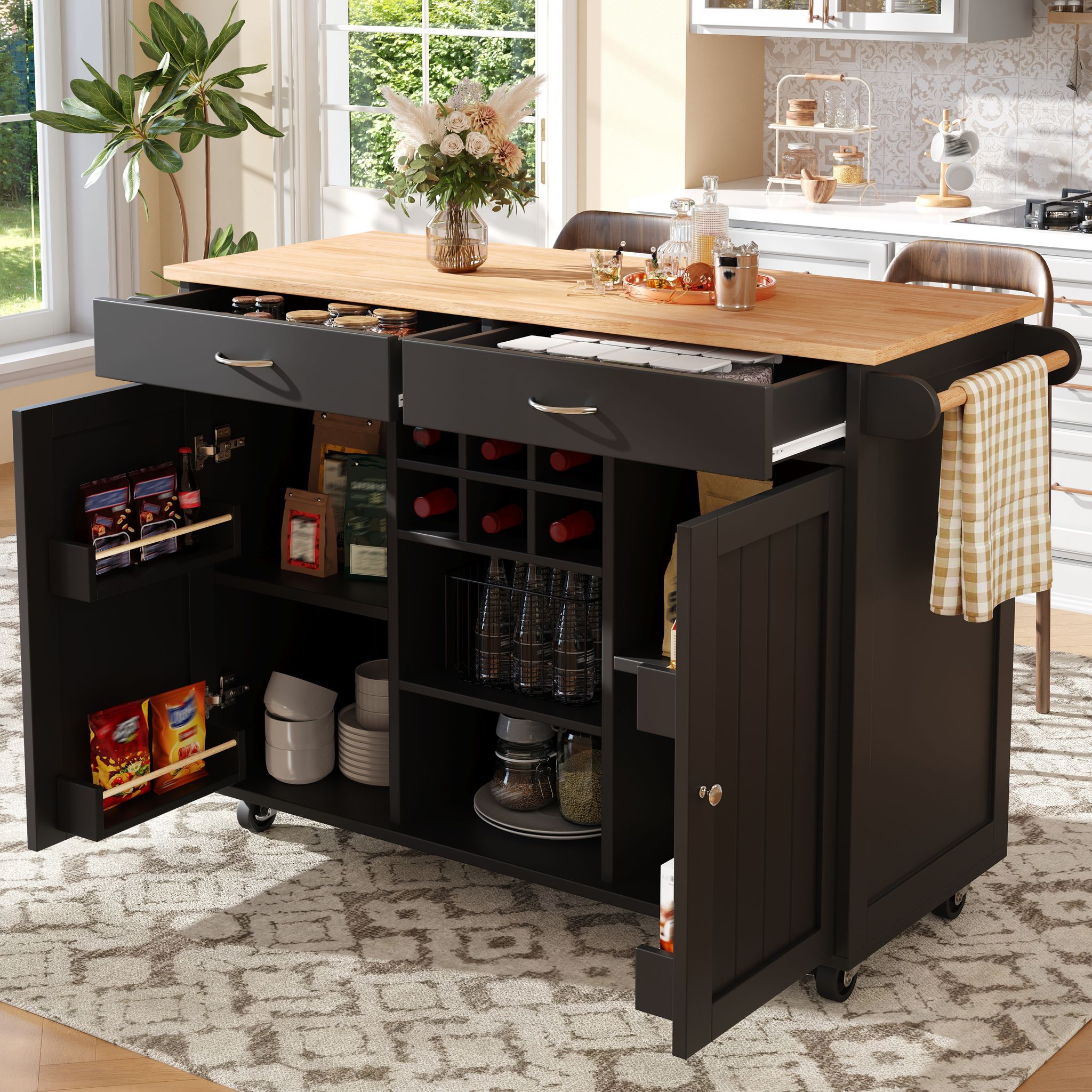 Kücheninsel, Moderne Serviertheke Mit Arbeitsplatte, 2 Schubladen Und Herausnehmbarem Weinregal, 102×45×92 Cm, Schwarz