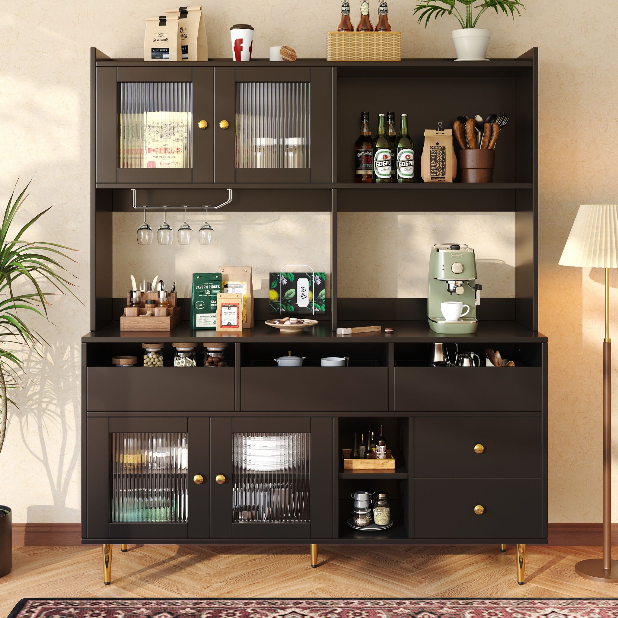 Hochschrank Küche, Esszimmerschrank Mit Verstellbaren Regalböden & Schubladen & Weinregal, 145×39×171 Cm, Schwarz