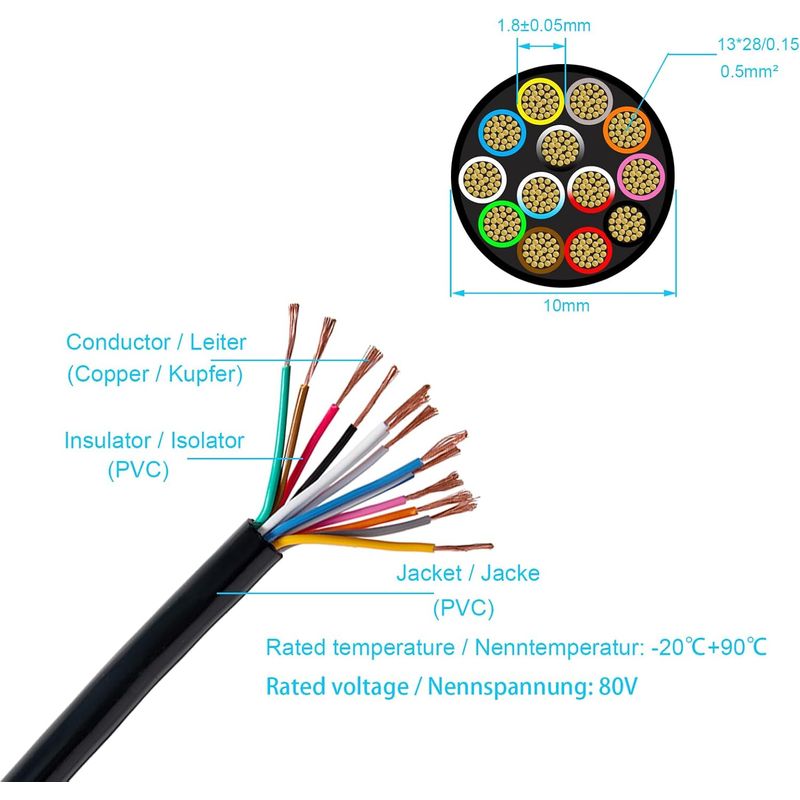 10 M Langes, Rundes Fahrzeugkabel (13 X 0,5 Mm²), 12 V/24 V, 13-adrig, Für Wohnwagen, Lkw, Wohnmobil Und Anhänger
