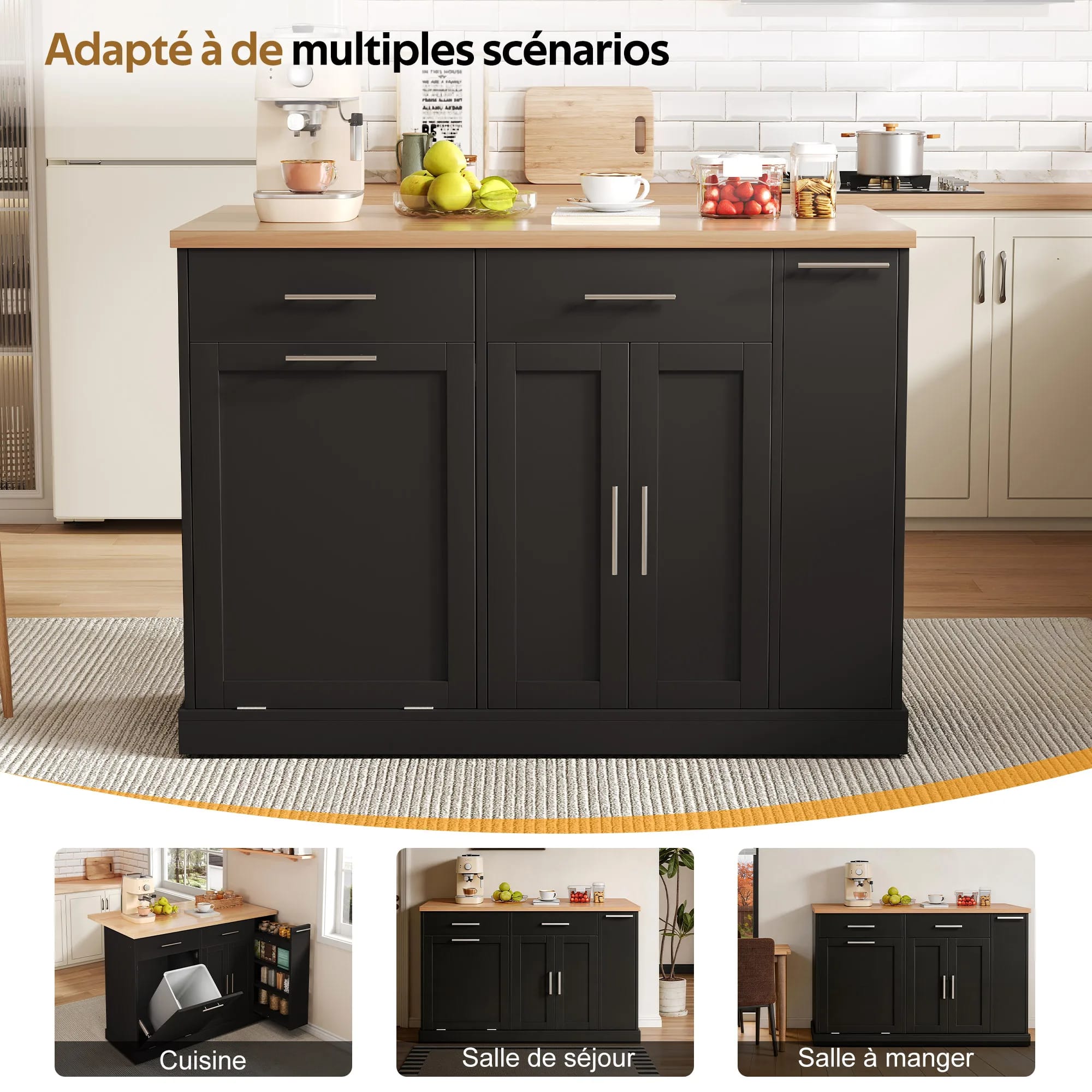 Kücheninsel, Servierwagen Mit Klappbarer Ablage, Müllfach, Gewürzregal, 120×45 (70)×93 Cm, Schwarz