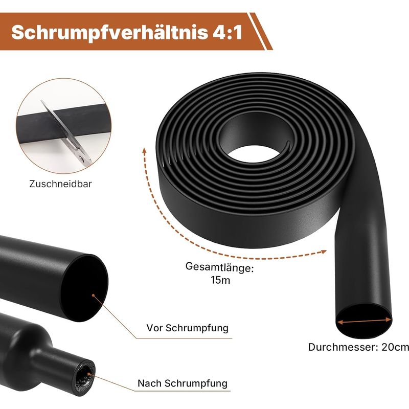 Wärmeschrumpfschlauch Mit Wasserfestem Klebstoff Und Isolierband, Schwarz, Für Kabelisolierung, Kabelbündelung, Reparaturen (20 Mm Durchmesser Und 1,5 M)