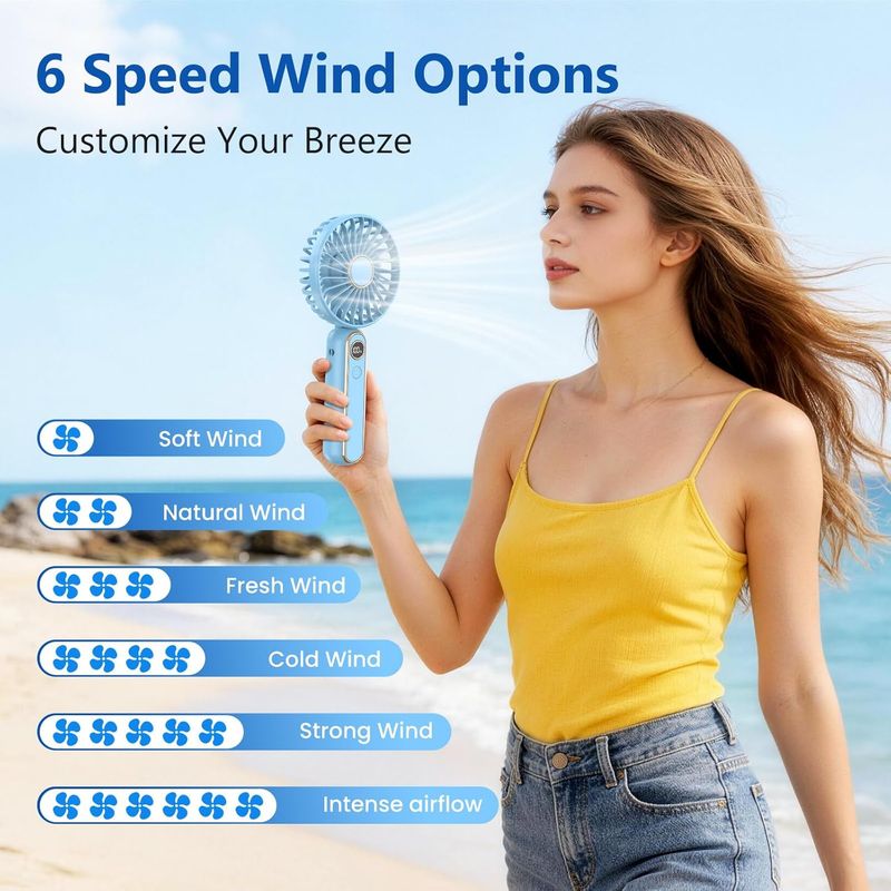 Tragbarer Mini-handventilator Mit 6 Geschwindigkeitsstufen, Led-anzeige, Usb-aufladbar, Ideal Für Reisen, Büro, Zuhause, Outdoor-aktivitäten Und Camping.