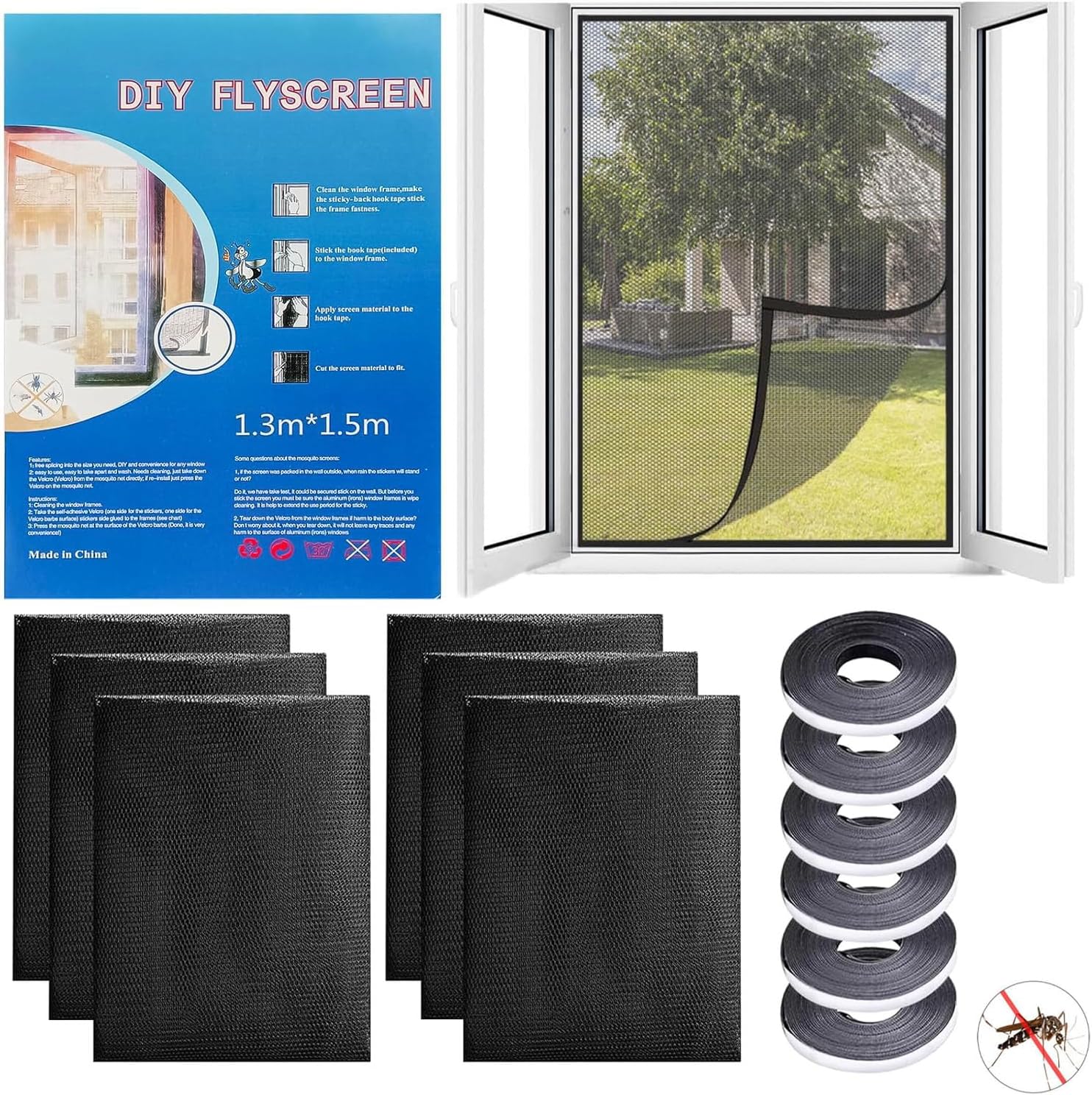 6-teiliges Fenster-moskitonetz, 130 X 150 Cm, Mit Selbstklebenden Streifen, Moskitonetz Zum Zuschneiden, Zum Schutz Vor Mücken