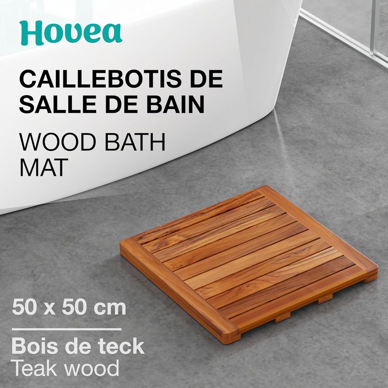 Duschmatte 50 X 50 Cm – Teakholz – Feuchtigkeitsbeständig, Schimmelresistent – Quadratische Badematte – Für Drinnen Und Draußen – Rutschfest – Cb5050