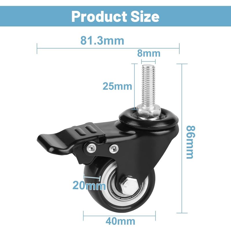 Lalago 4er-set Lenkrollen Mit Bremse M8×25 Mm, 40 Mm Lenkrollen Mit Bremse, Möbelrollen, Gewinderollen, 50 Kg Tragkraft Pro Rolle