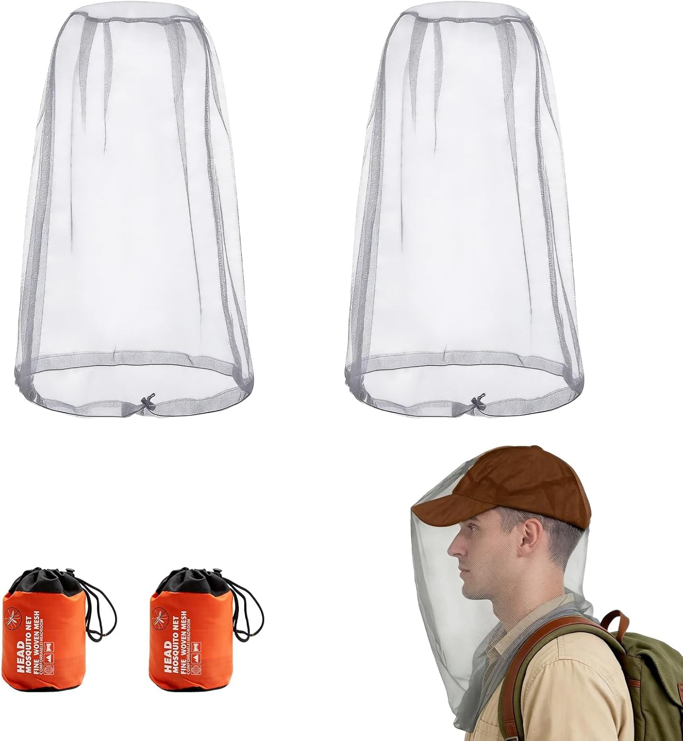 Moskitonetz-kopfschutz, 2er-pack, Atmungsaktives Insektennetz Mit Aufbewahrungsbeutel, Feinmaschig, Verstellbarer Kordelzug, Für Wandern, Camping, Angeln Und Imkerei