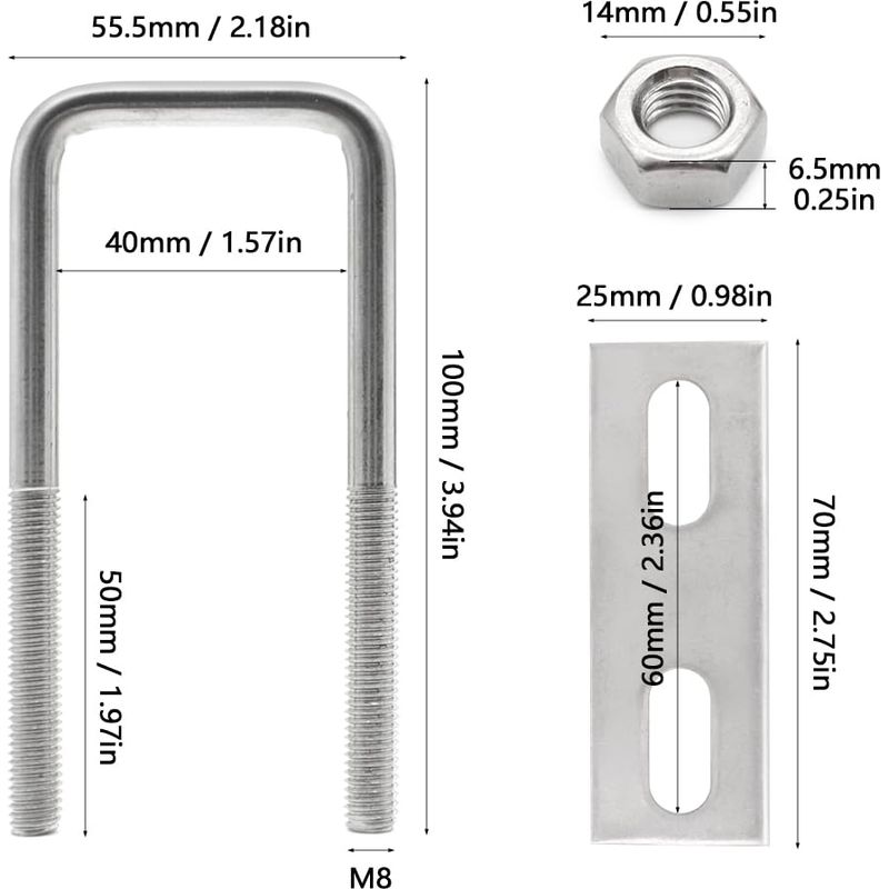 6 Stück M8 U-bügel 40 100 Mm Vierkant-u-bügel Aus Edelstahl 304 U-bügelzangenbolzen Zur Befestigung Von Rohren Und Bootsanhängern