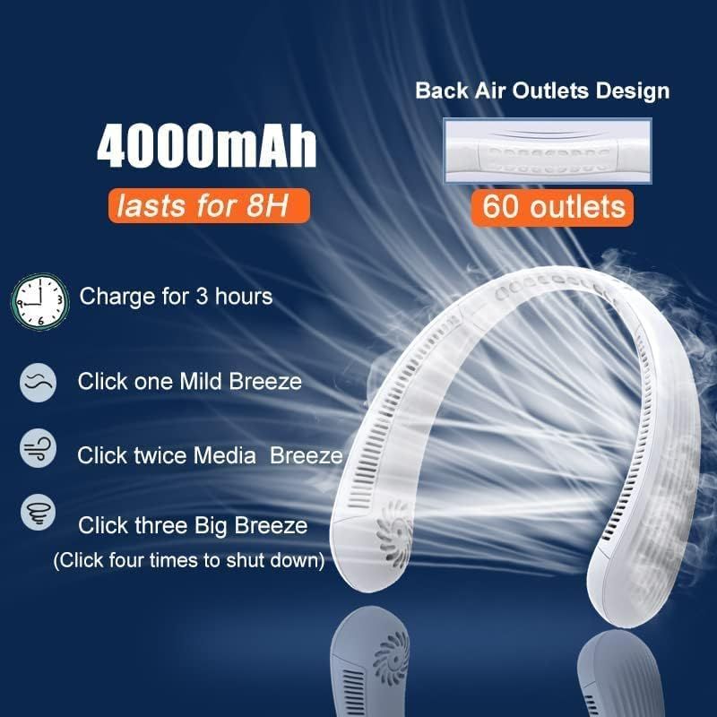 Tragbarer Usb-nackenventilator, 4000 Mah, Geräuschlos, Wiederaufladbarer Nackenkühlkragen Mit 3 Geschwindigkeitsstufen, Für Büro, Zuhause Und Reisen (reinweiß)