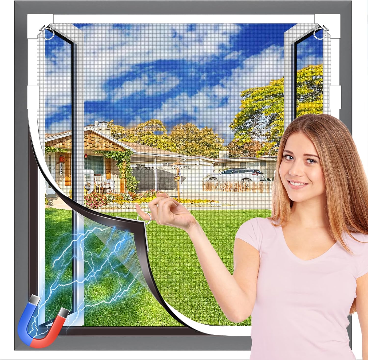 Magnetisches Fenster-moskitonetz, Robustes Fiberglas, Selbstklebend, Individuell Anpassbare Größe, Bohrfreie Montage, 150 × 180 Cm, Weißer Rahmen & Graues Netzgewebe