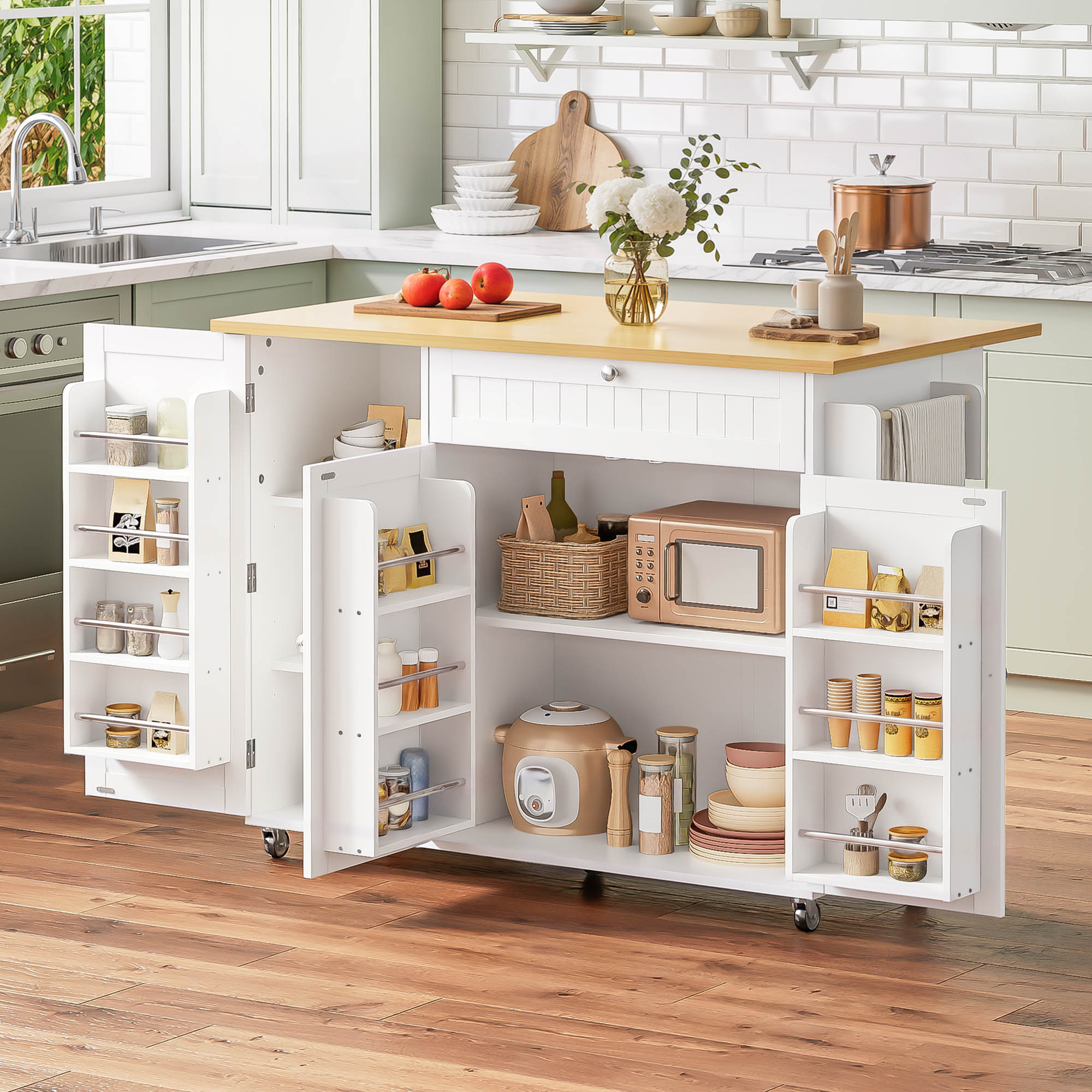 Mobile Kücheninsel Mit Klappbarer Arbeitsplatte, Küchenwagen, Bartisch, Mit Schublade Und Stauraumschrank, 3 Türablagen, 120 × 45 (70) × 92 Cm