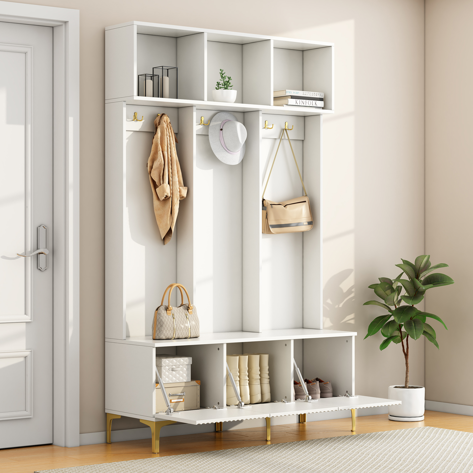 Eingangsmöbel, Garderobe Mit Bank, Weiß, Kleiderstange Mit 6 Haken, Schuhaufbewahrung, Sicherheitsmechanismus, 120×40×191,5 Cm