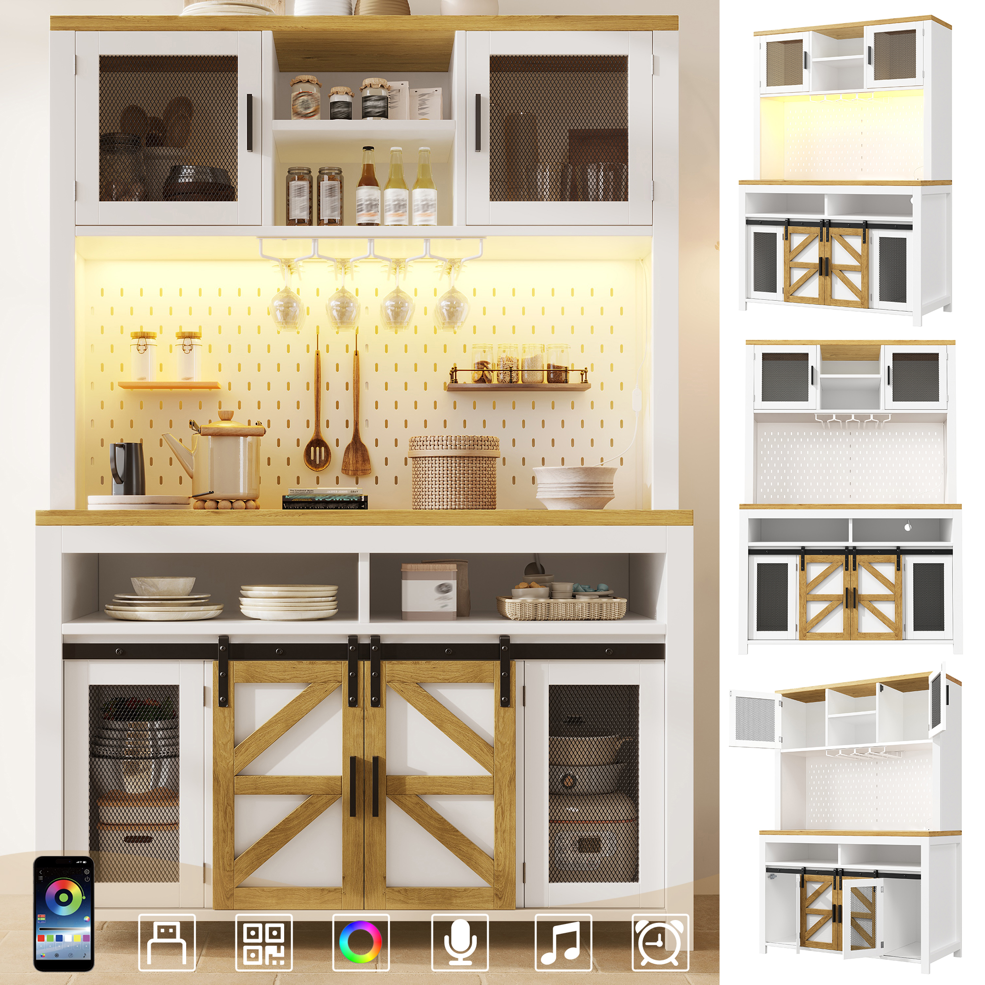 Buffet Mit Led-beleuchtung, Küchenschränke, Hochschrank Mit Usb-anschluss, Viel Stauraum Und Arbeitsplatte, Weiß