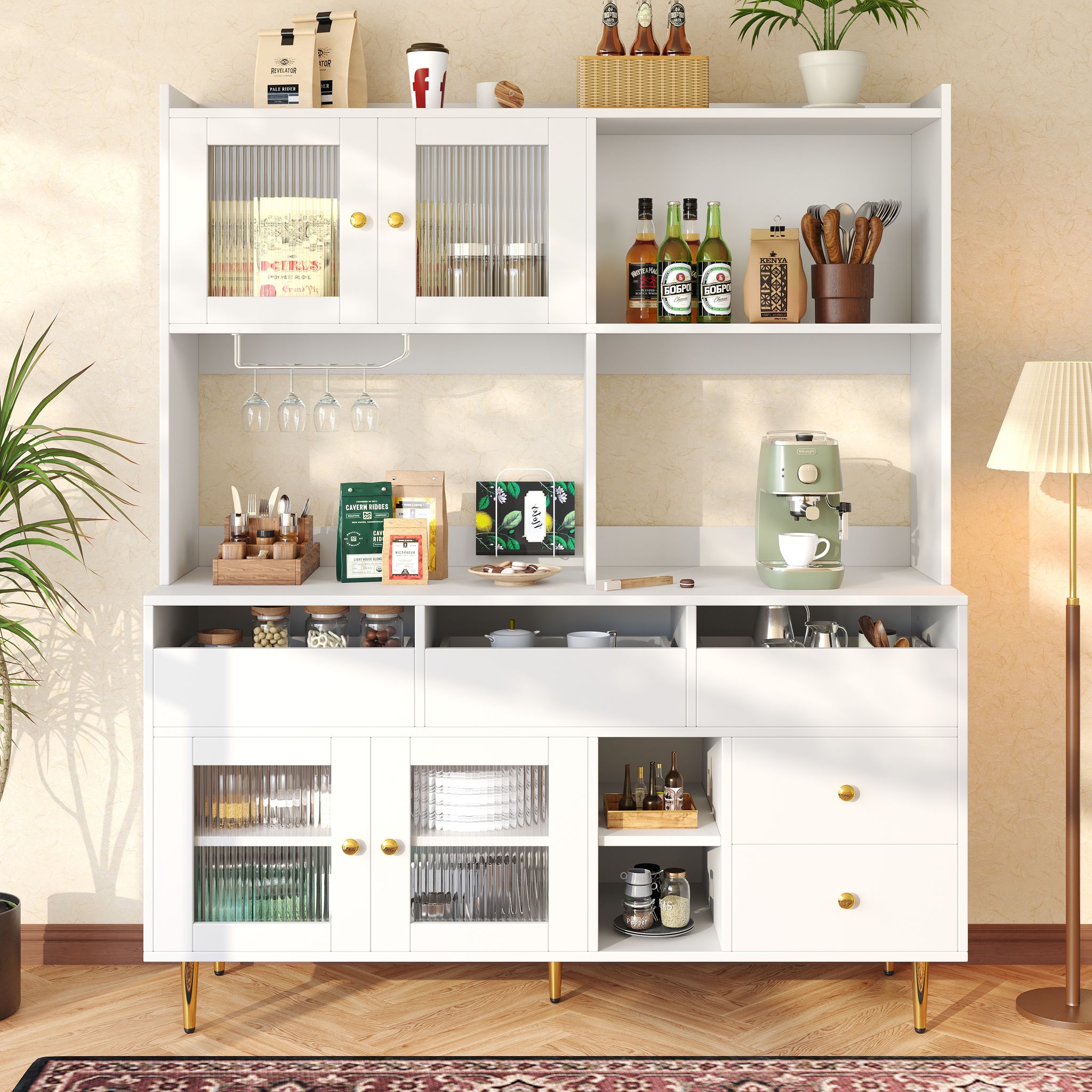 Hochschrank Küche, Esszimmerschrank Mit Verstellbaren Regalböden & Schubladen & Weinregal, 145×39×171 Cm, Weiß