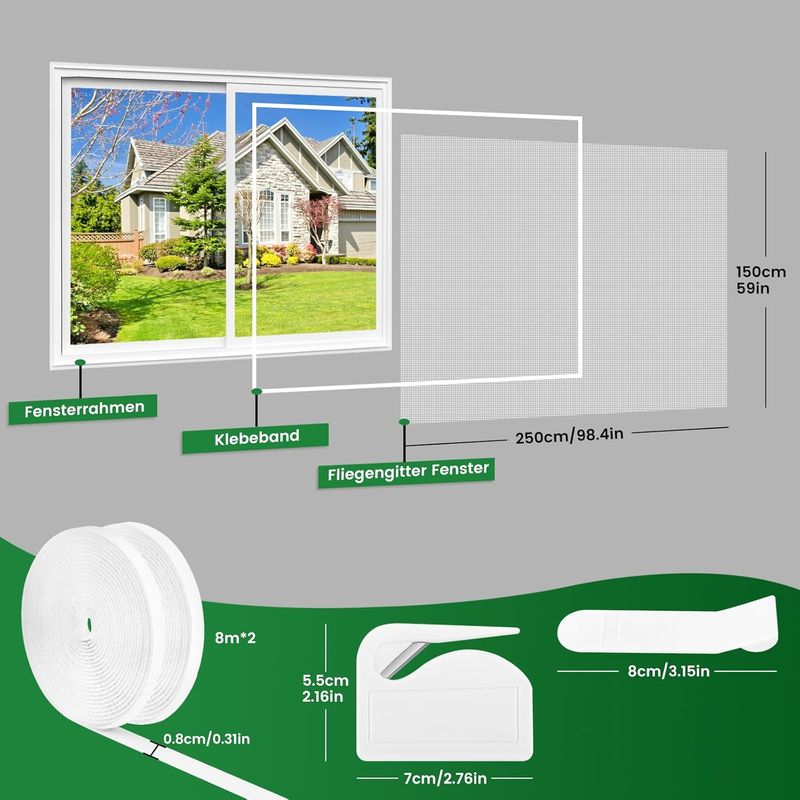 Fenster-moskitonetz, 2er-set – 250 X 150 Cm – Weiß, Kein Bohren Erforderlich, Mit Cutter, Kleber, Auf Die Gewünschte Größe Zuschneidbar