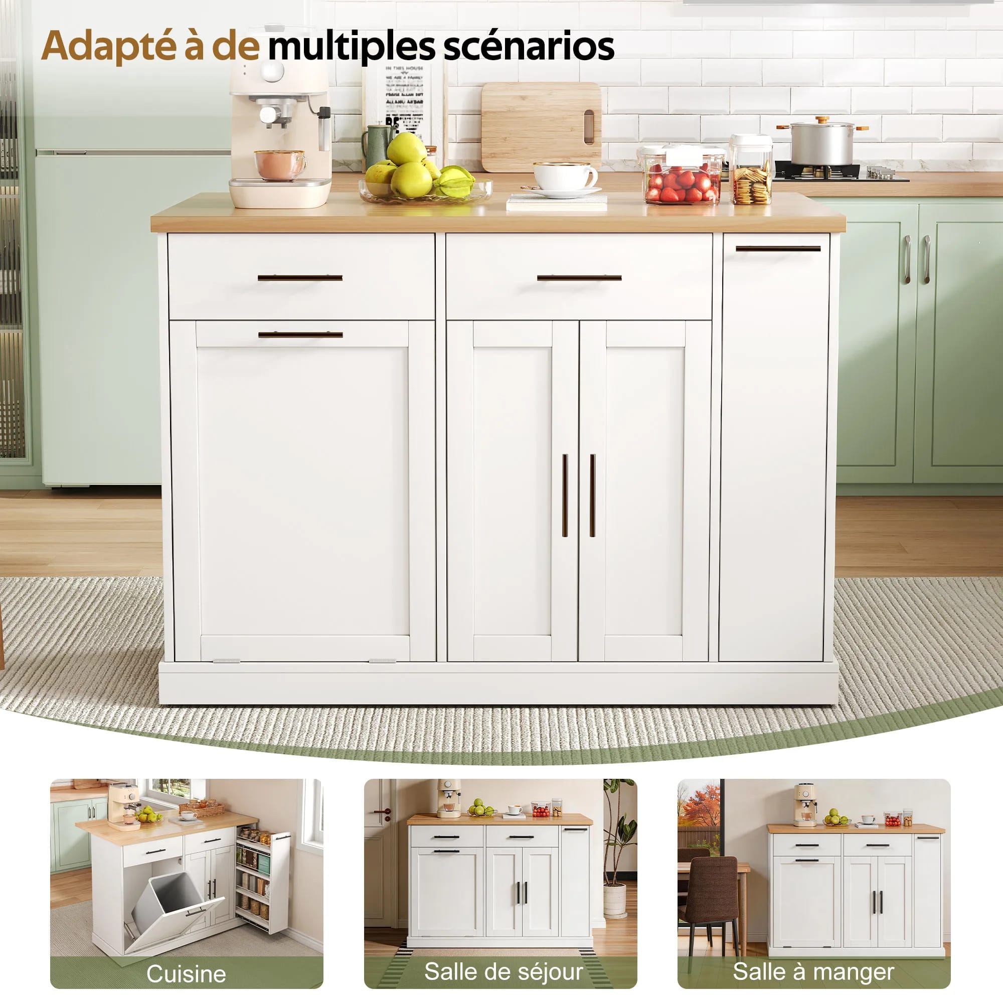 Kücheninsel, Servierwagen Mit Klappbarer Ablage, Müllfach, Gewürzregal, 120×45 (70)×93 Cm, Weiß