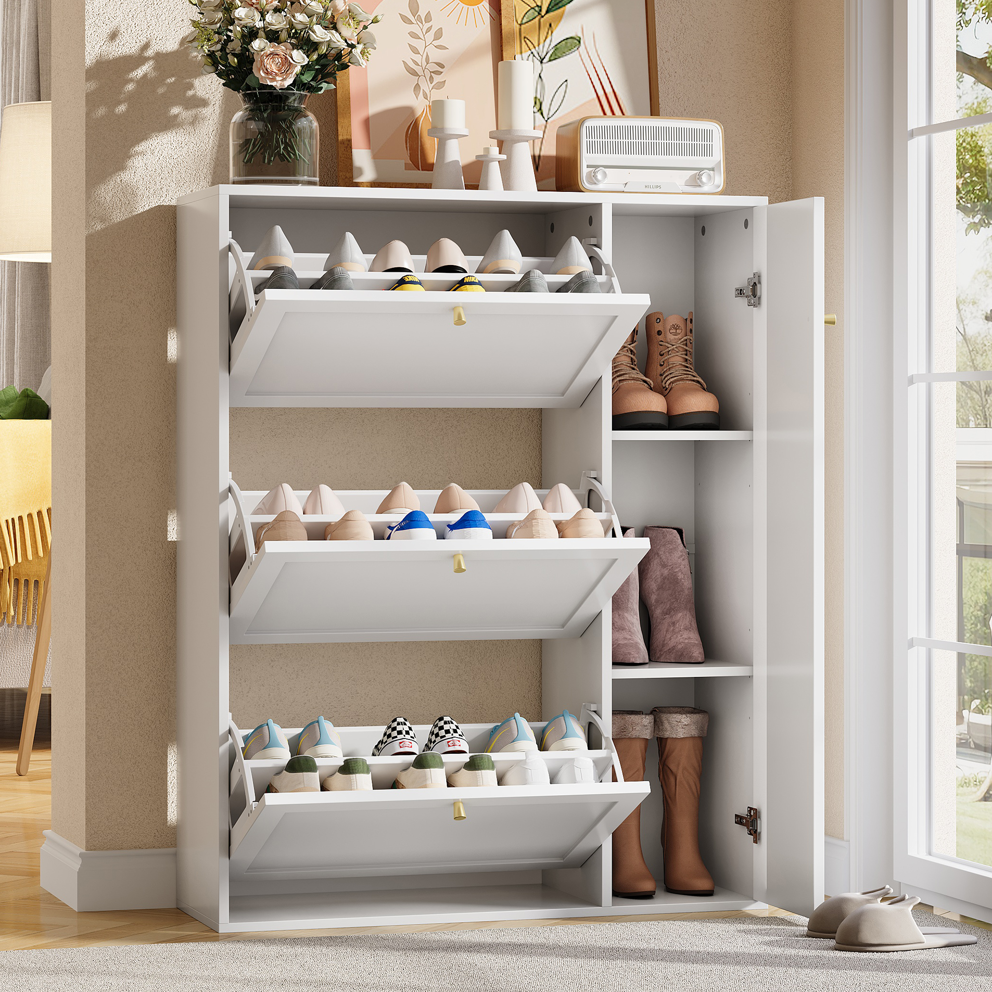 Schuhschrank Mit 3 Klappen Und 1 Tür, Schuhkipper Schmal, Schuhkommode Mit Verstellbaren Trennwände, Schuhregal Flur Freistehend, Für Eingang Wohnzimmer, Weiß, 90x25x114cm