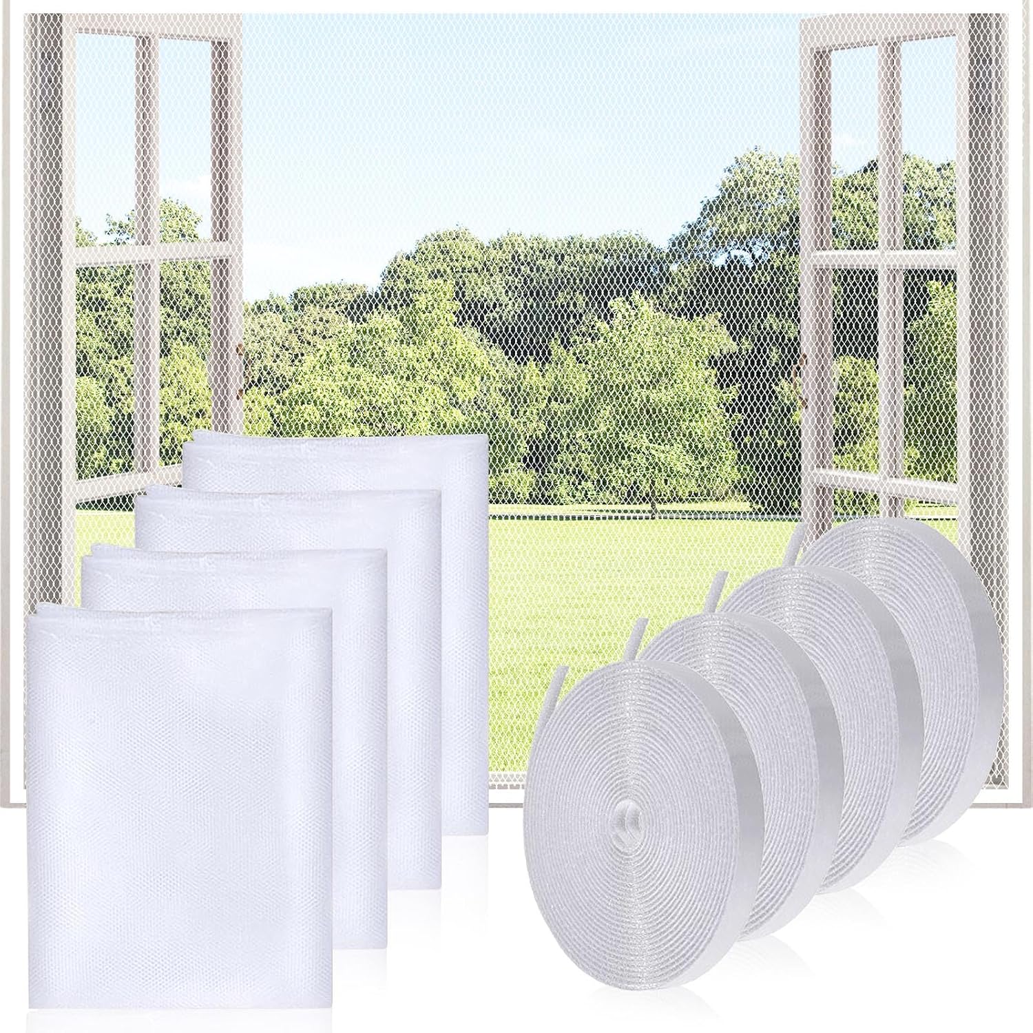 4-teiliges Fenster-moskitonetz, 150 X 130 Cm, Inklusive 4 Rollen Klebestreifen, Insektenschutzgitter, Verstellbare Größe, Kein Bohren Erforderlich, Schutz Vor Fliegen Und Mücken
