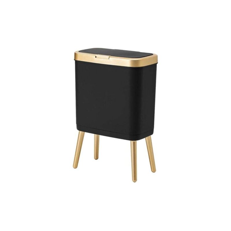 Schwarzer 4-gallonen-badezimmerabfalleimer – Modernes, Schlankes Design Mit Goldenem Deckel – Strapazierfähiger Und Leicht Zu Reinigender Kunststoff