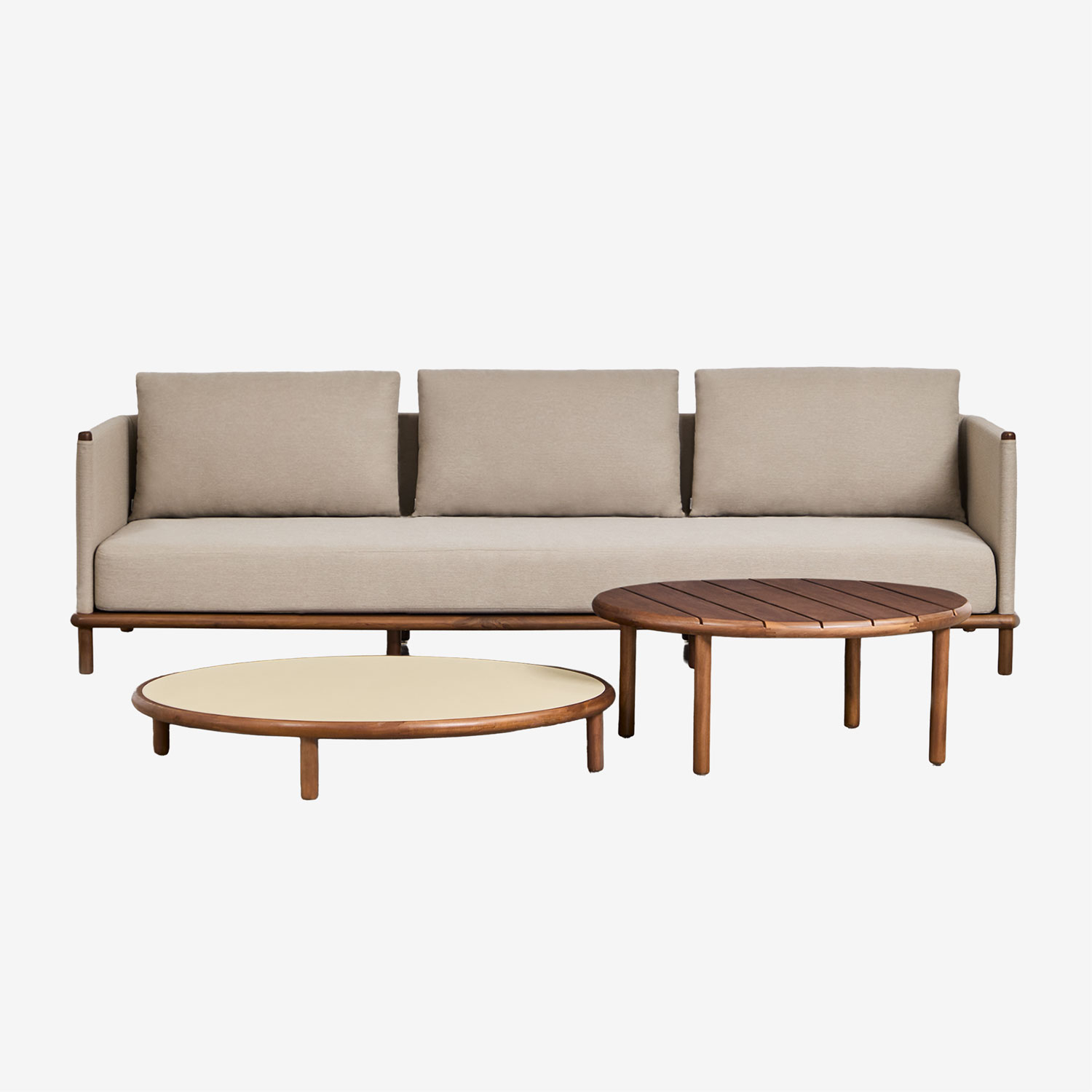 Sklum Gartenset Mit 3-sitzer-sofa Und 2 Runden Couchtischen Aus Akazienholz Olivia Beige Semoline - Akazienbraun Dunkel Akazienbraun Dunkel