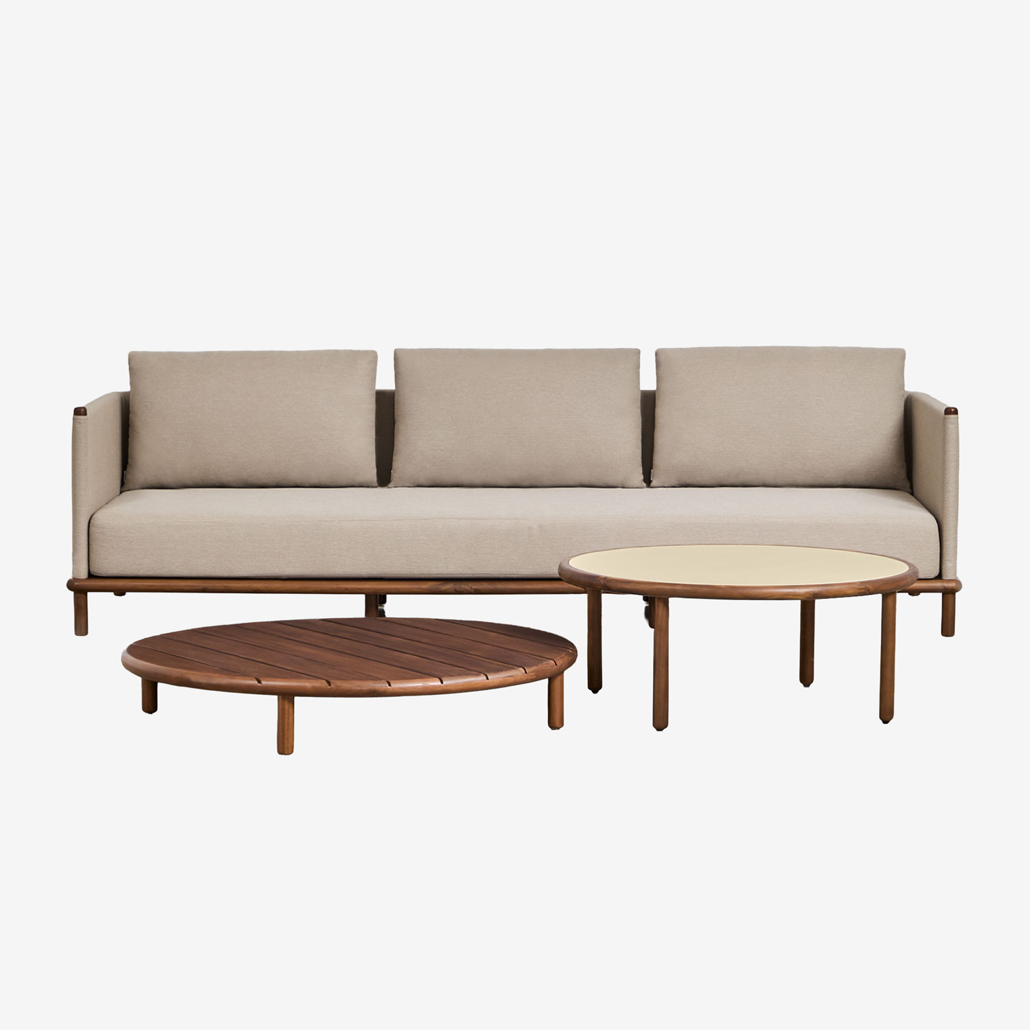 Sklum Gartenset Mit 3-sitzer-sofa Und 2 Runden Couchtischen Aus Akazienholz Olivia Akazienbraun Dunkel - Beige Semoline Akazienbraun Dunkel