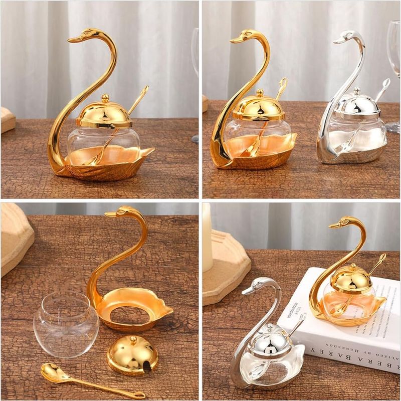 Zucker- Und Gewürzset „schwan“, Aus Zinklegierung Und Glas, Im Europäischen Stil, Geeignet Für Hotels, Mit Dekorativer Dose Für Salz Und Gewürze