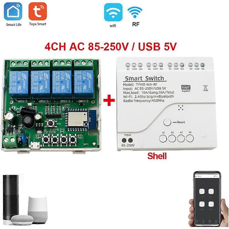 Tuya Smart Wifi Motorschaltermodul Rf 433 Funkfernbedienung 4-kanal Tipprelais Für Alexa Google H 85-250v