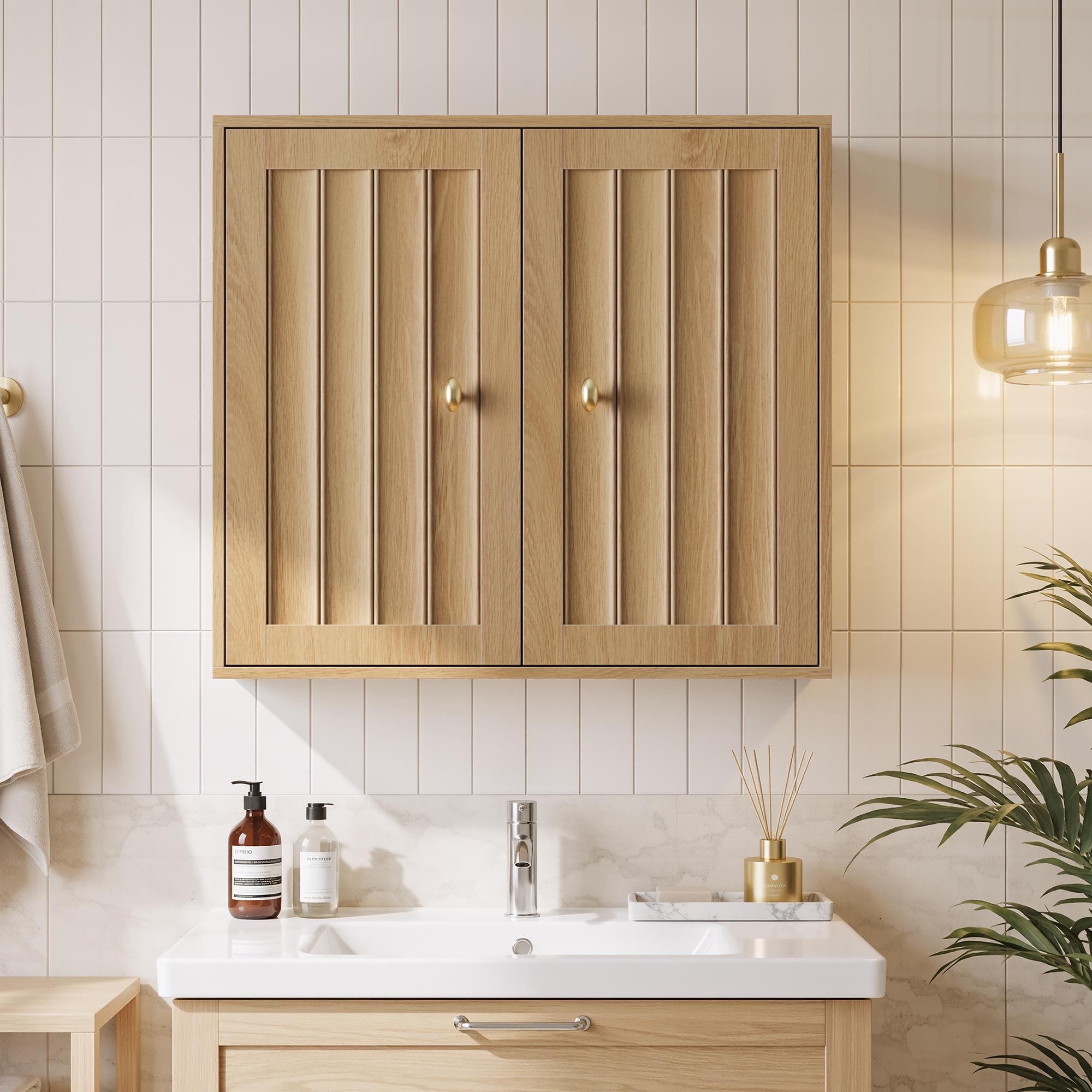 Hängender Badezimmerschrank 61,5 Cm – Wandschrank In Eichenoptik Mit 2 Geriffelten Türen, Verstellbarem Einlegeboden Und Goldfarbenen Knöpfen Für Bad Und Wc