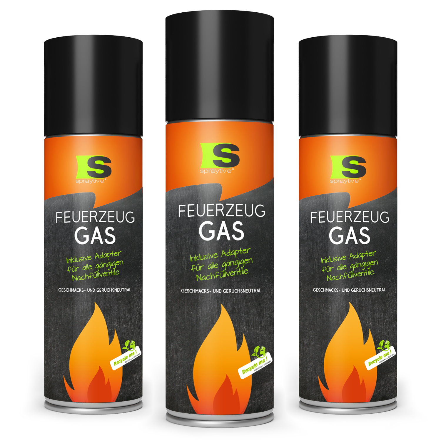 Spraytive 3x 500ml Xxl Butangas Für Flambierbrenner & Feuerzeuge - Feuerzeuggas Inkl. Adapter Zum Nachfüllen