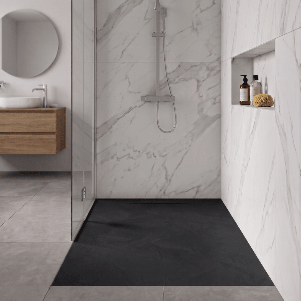 Mineralguss-duschwanne Extra Flach Spachteloptik Koral Schwarz 90x100 Cm Auslaufschutz In Farbe
