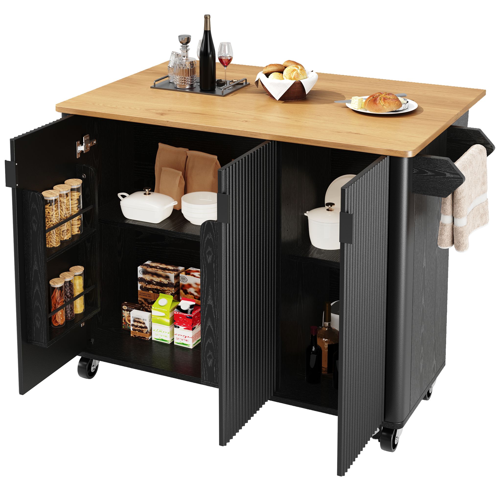 Kücheninsel Mit 3 Türen, Verstellbaren Einlegeböden, Handtuchhalter Und Gewürzregal, Auf Rollen, Mdf, 130×45×92 Cm, Schwarz