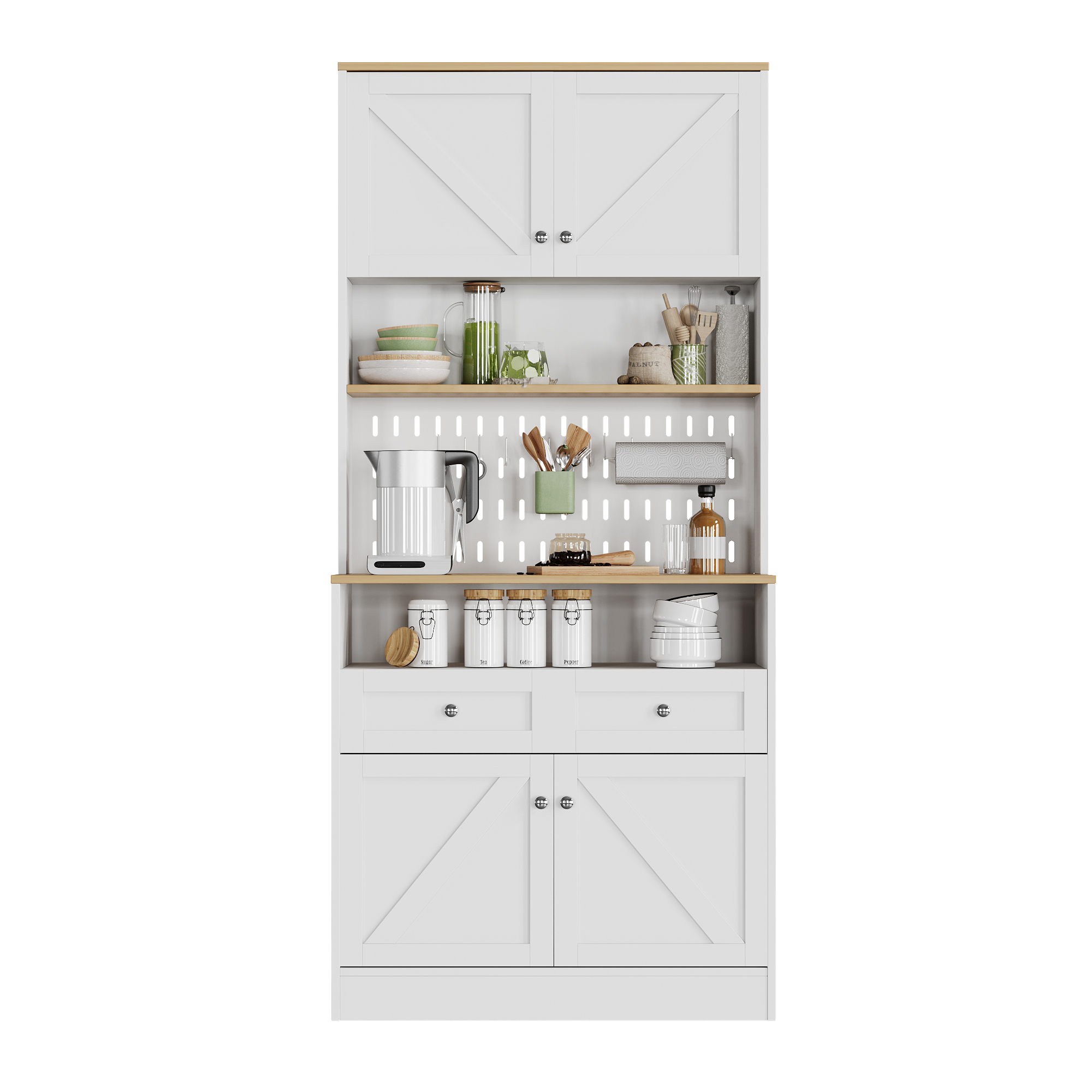 Küchenbuffet Mit Türen, Schubladen, Offenen Fächern Und Lochwand, Aus Mdf Und Spanplatte, 80 X 40 X 175 Cm