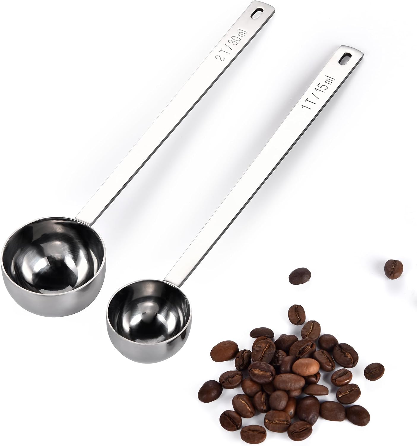 Set Aus 2 Edelstahl-teelöffeln Mit Extra Langen 17,4 Cm Griffen Für Gemahlenen Kaffee, Bohnen, Pulver, Espresso, Ideal Für Große Dosen (15 Ml, 30 Ml, Silber)