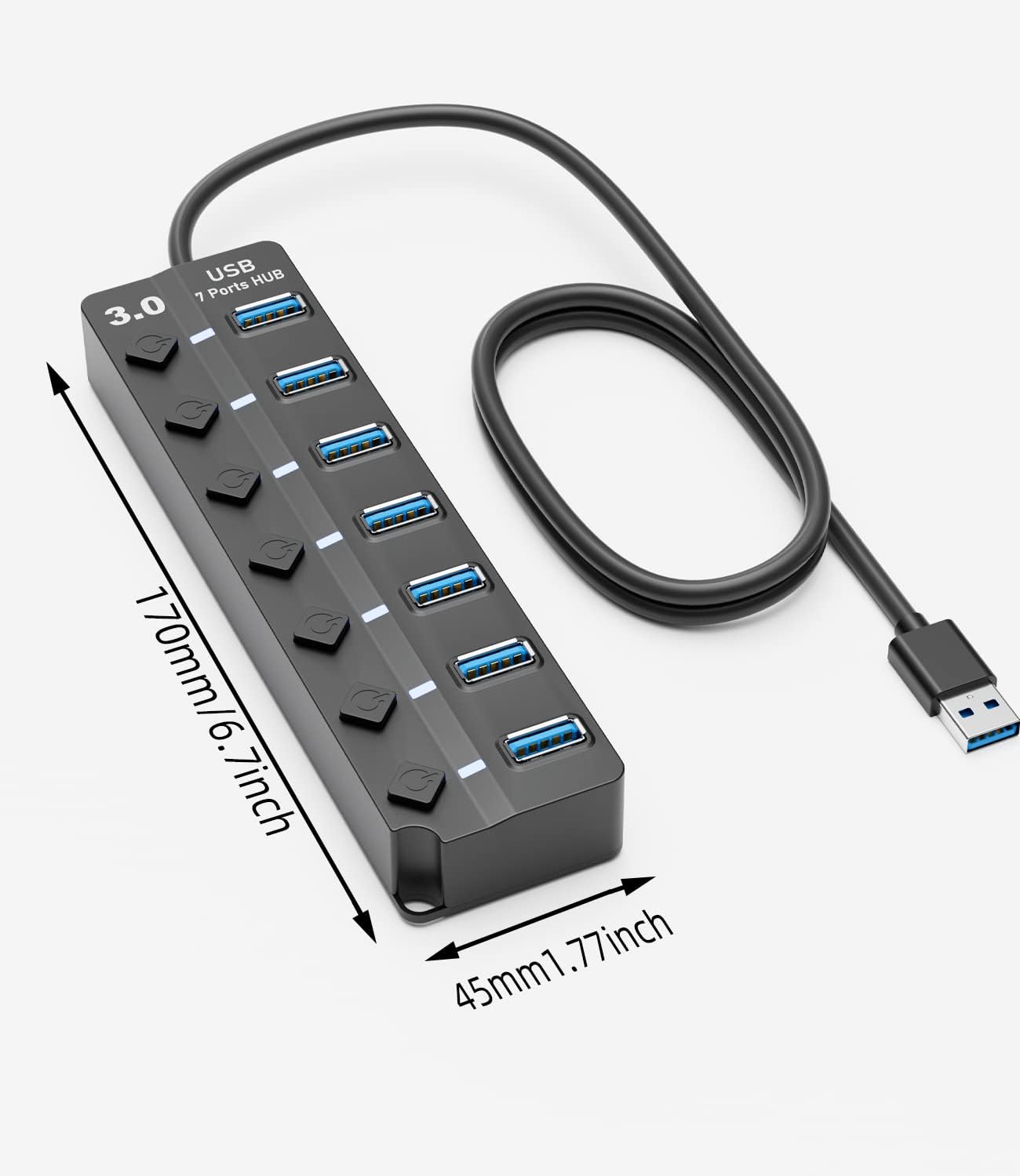 Usb 3.0 Hub, Panpeo 7-port Usb Datenhub-splitter Mit 3-fuß-kabel, Usb-verlängerung Für Laptops, Computer, Surface Pro, Ps4/5, Usb-sticks, Externe Festplatten - Mit Individueller Led-ein-/ausschaltanze