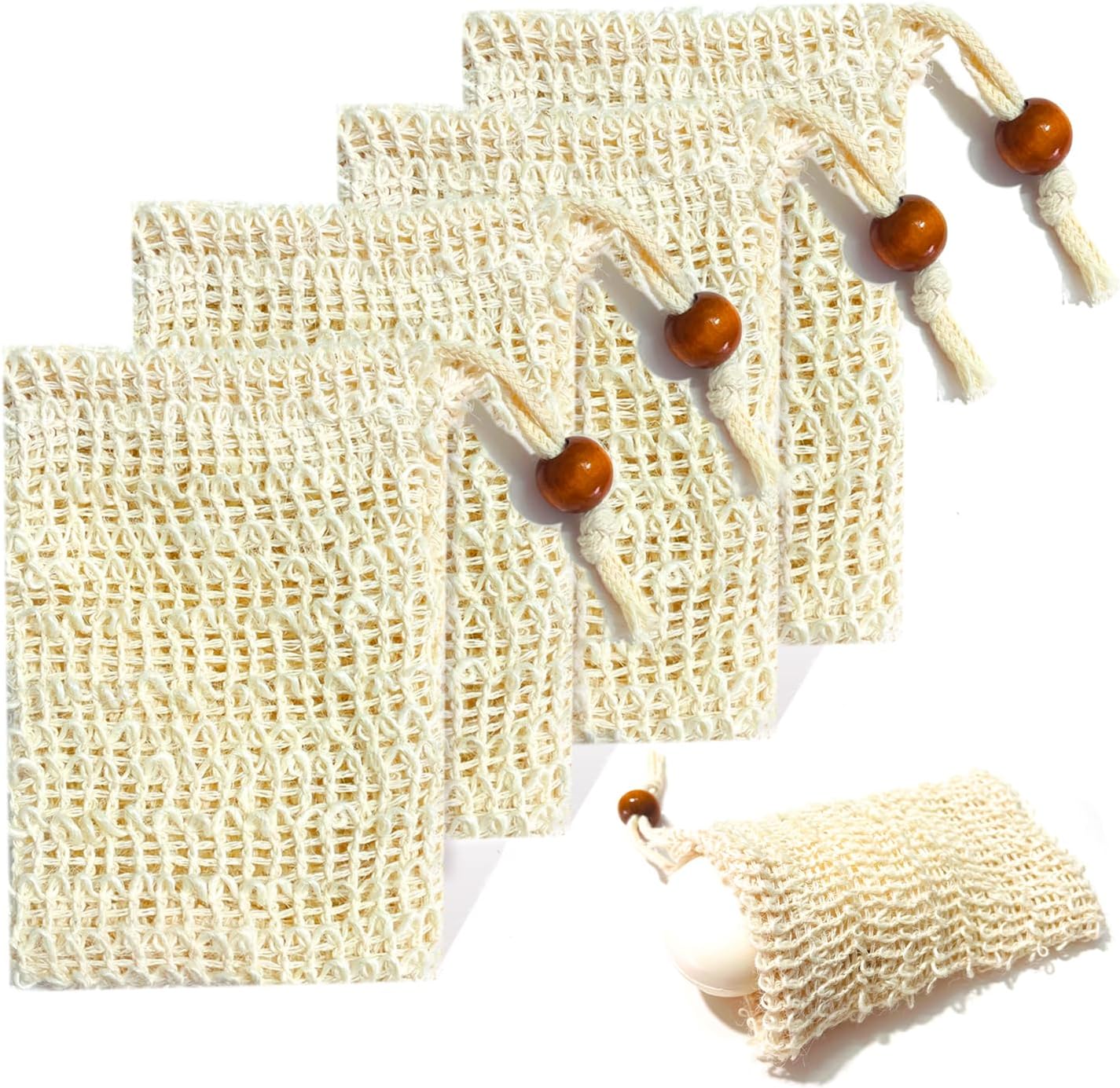 4 Stück Seifensäckchen Sisal Seifenbeutel, Natürliches Seifenbeutel Feste Seife Seifenbeutel Seifennetz Festes Shampoo Seifenbeutel Aufschäumen Für Bäder Massage Peeling Seifensäckchen