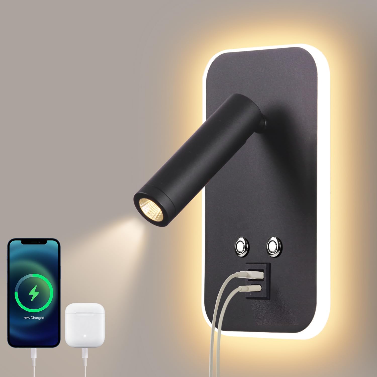3w+9w Led Leselampe Wandlampe Usb-aufladung +handyablage, Mit Schalter, Wandleselampe, Nachttischlampe, Schlafzimmeratmosphärenlampe, Drehbare Wandlampe, Für Schlafzimmerhotel, 3100k Schwarz [energiek