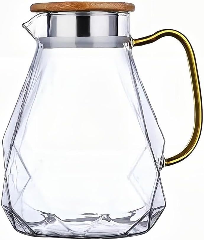 Glaskanne Mit Holz Deckel Borosilikatglas Krug Eistee Kanne Glas Saftkrug Glaskrug Wasserkrug Teekanne Kühlschrank Getränke Tee Karaffe Für Cocktail Kaffee Milch Wein,1500ml