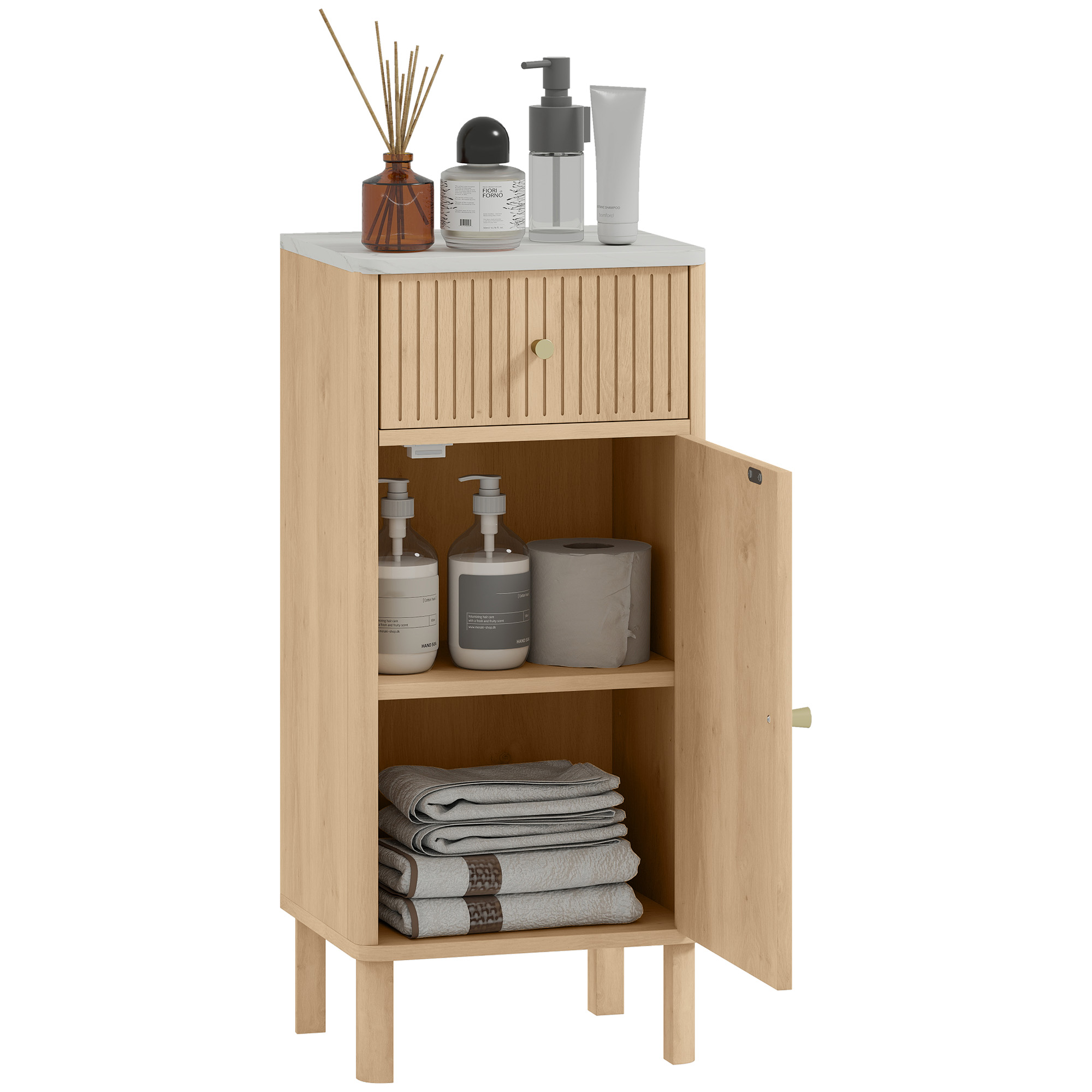 Badezimmerschrank, Aufbewahrungseinheit Mit Marmoroptik-platte Und Geriffelter Tür, Schublade 36 X 30 X 80 Cm, Eiche