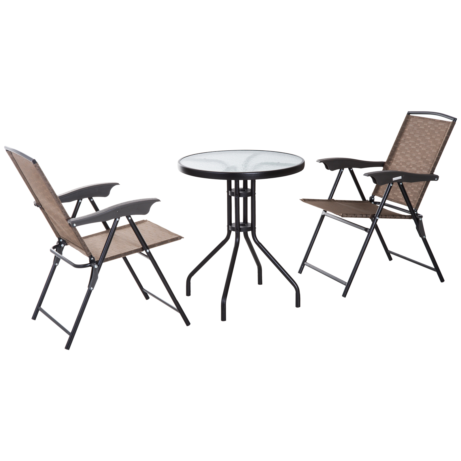 3-teiliges Garten-set: 2 Verstellbare Klappstühle + Runder Tisch (sicherheitsglas, Metall, Textilene) – Schokoladenbraun