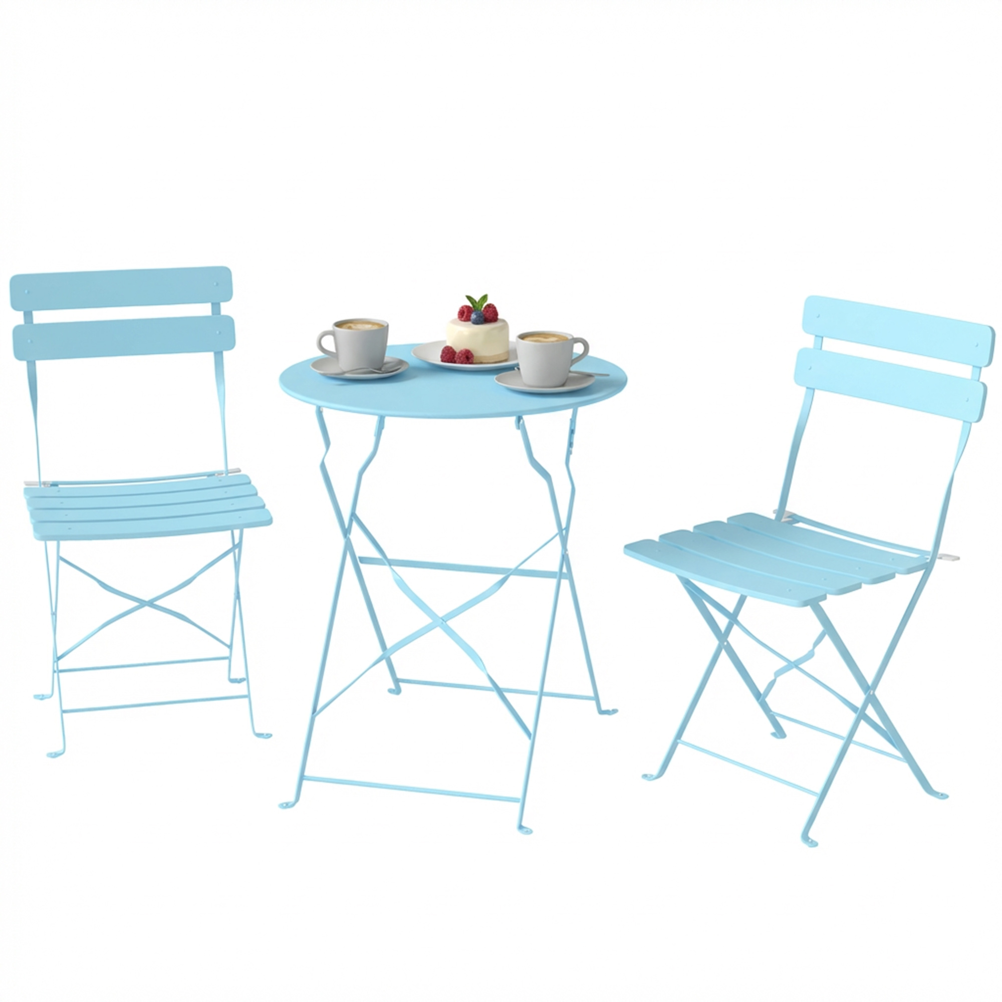 3-teiliges Gartenbistro-set: Tisch Und 2 Klappbare Lattenstühle, Doppelter Rostschutz, Hellblau