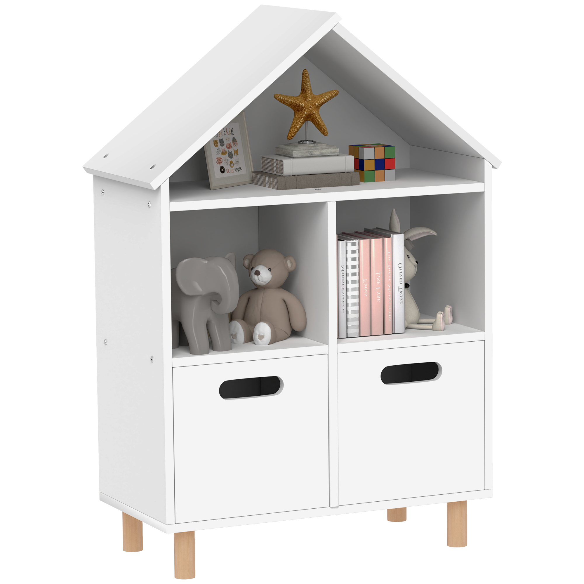 Kinderbücherregal, 3-stöckiges Aufbewahrungsmöbel Mit Zwei Schubladen, Hausform, 63,7 X 29,7 X 89 Cm, Weiß