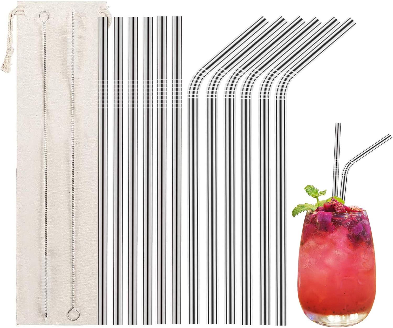 12-teiliges Set. Edelstahlstrohhalme, Wiederverwendbare Metallstrohhalme Mit 2 Reinigungsbürsten Für Smoothies, Milchshakes, Cocktails Und Heißgetränke.