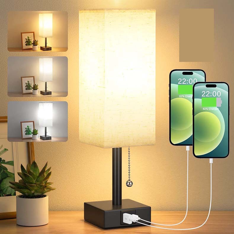 Nachttischlampe – Dimmbare Nachttischlampe Mit 3 Farben (3000/4000/5000k) Mit Usb-a+c-ladeanschlüssen, Led-lampe, Zugkettenschalter Für Schlafzimmer, Wohnzimmer, Büro, Kinderzimmer, Hotel [energieklas
