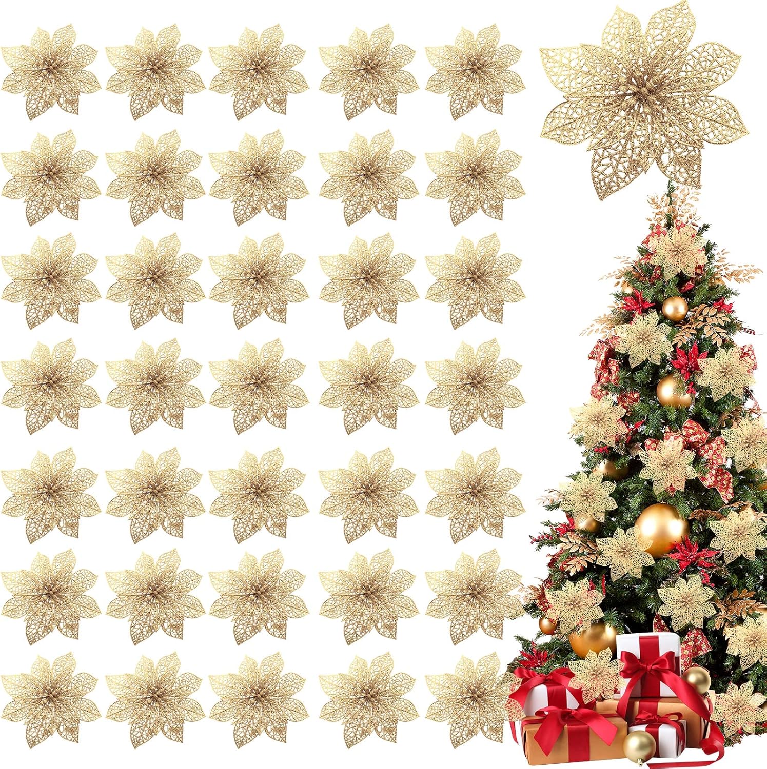 36er-pack Glitzernde Weihnachtsstern-blumenornamente, 4 Zoll Große Künstliche Seidenblumen Für Weihnachtskranz-dekorationen (gold)