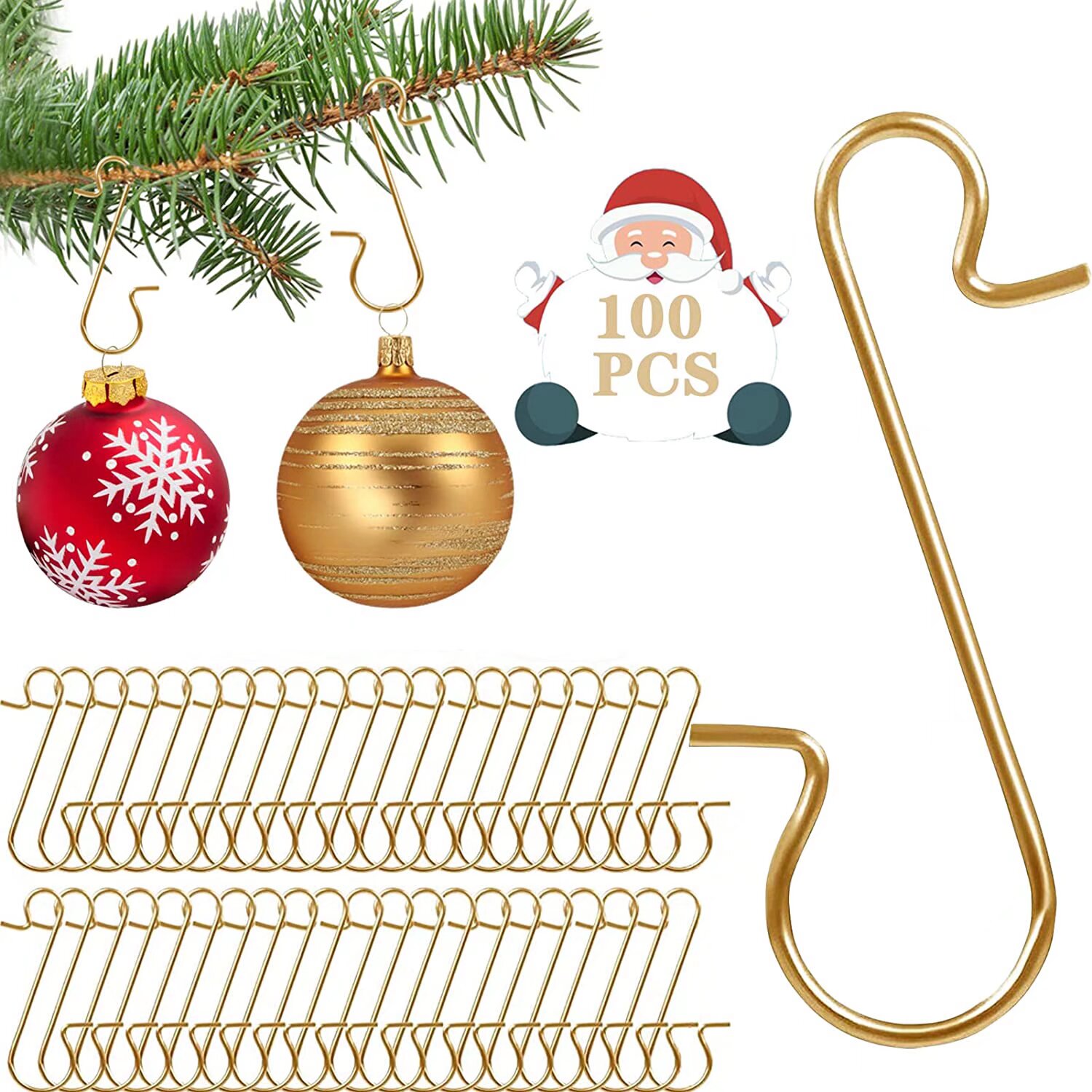 Weihnachtskugelhaken, 100 Stück, S-förmige Weihnachtskugelhaken, Aufhänger Für Weihnachtsbaumschmuck, Weihnachtsgirlande (gold100)