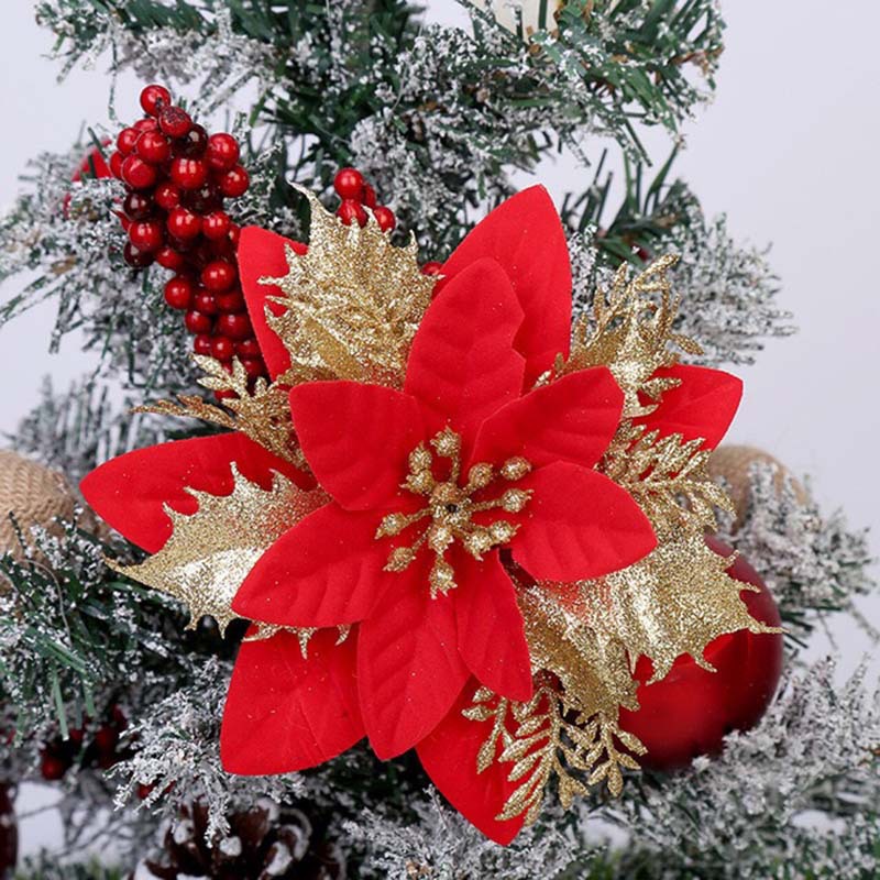 Weitere Weihnachtsdekorationen, 20 Stück Christbaumblumen Mit Clips, Glitzernde Künstliche Weihnachtsblumen, Funkelnde Weihnachtssternblüten Für Girlanden, Kränze, Christbaumschmuck (goldrot)