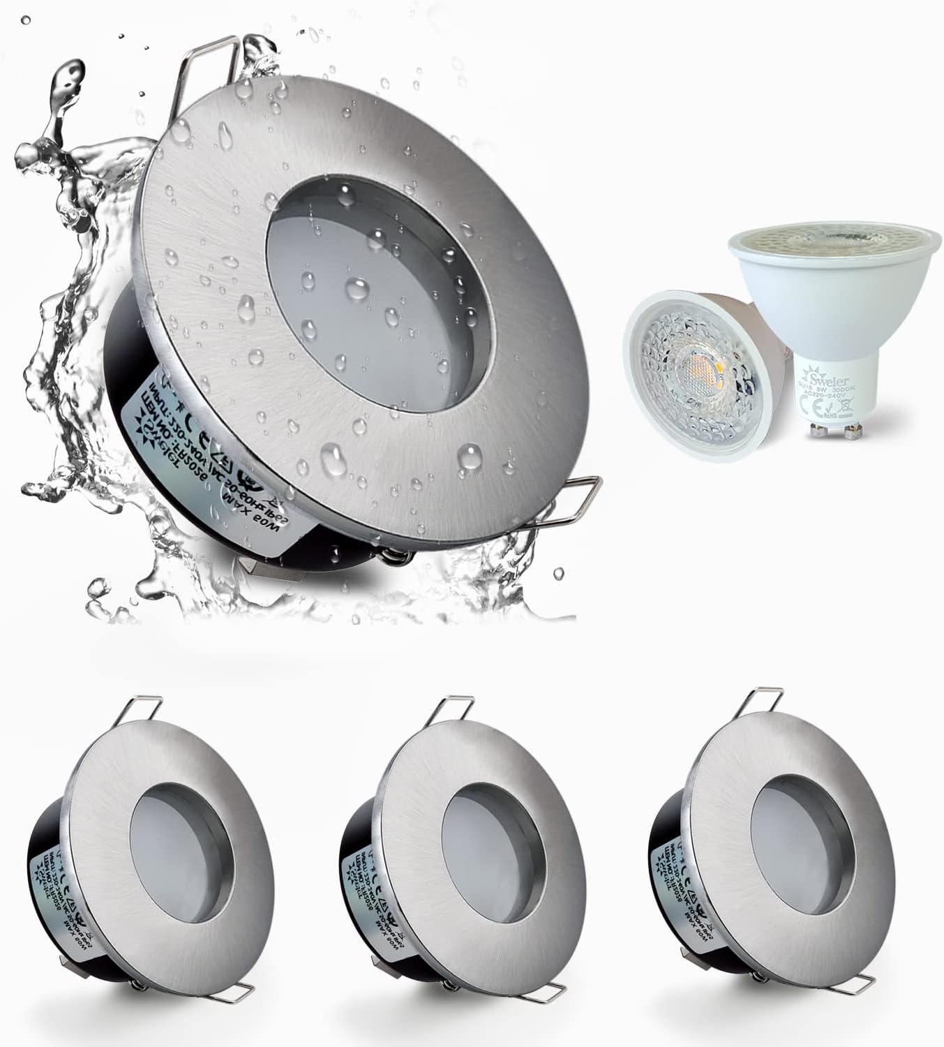 4er-set Wasserdichte Led-einbaustrahler (ip65), 5 W, 3000 K Warmweißes Licht, 68 Mm Einbauausschnitt, Satiniertes Nickel-finish – Silbernes Lampengehäuse