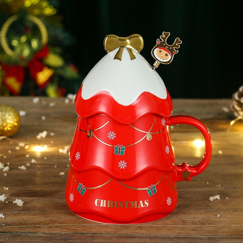 Weihnachtskaffeebecher (mit Deckel), Hübscher Keramik-weihnachtsbecher (für Eltern, Kinder, Partner Und Freunde), Rot