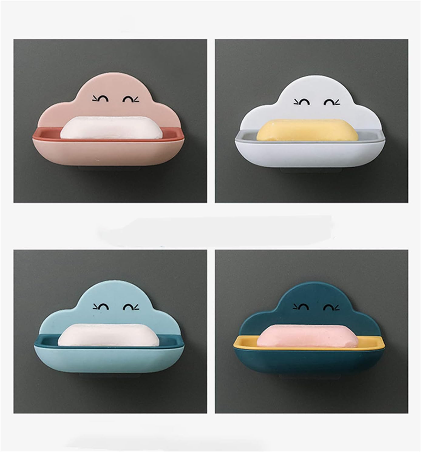 4-teiliges Doppelwandiges Seifenschalen-set Aus Kunststoff, Abnehmbar Für Einfache Reinigung, Wandseifenhalter, Seifenschale Für Badezimmer, Dusche, Küche, Wolkenform (blau, Rosa, Weiß, Dunkelblau)