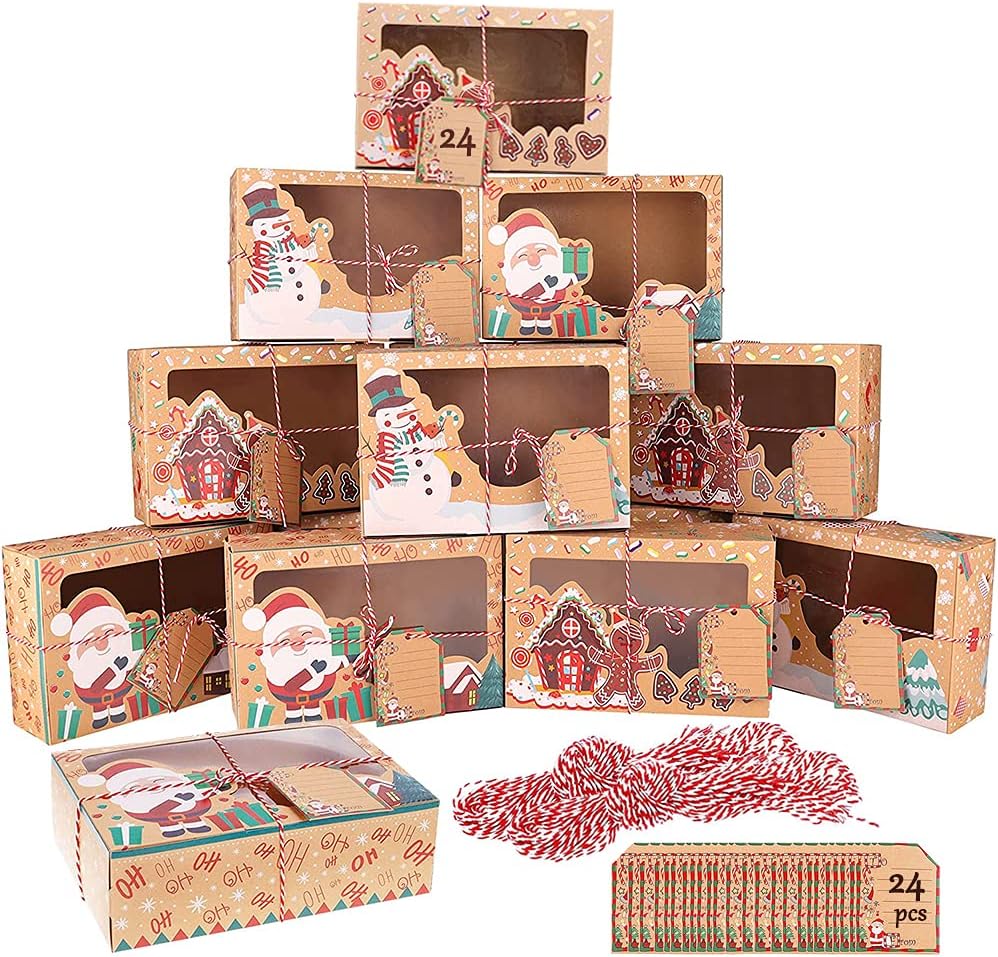 Set Mit 24 Kraftpapier-weihnachtsgeschenkboxen Mit Sichtfenster Und Kordel, Weihnachtsgeschenktüten Zum Verpacken Von Geschenken, Süßigkeiten, Pralinen, Keksen Und Anderen Lebensmitteln Zur Weihnachts