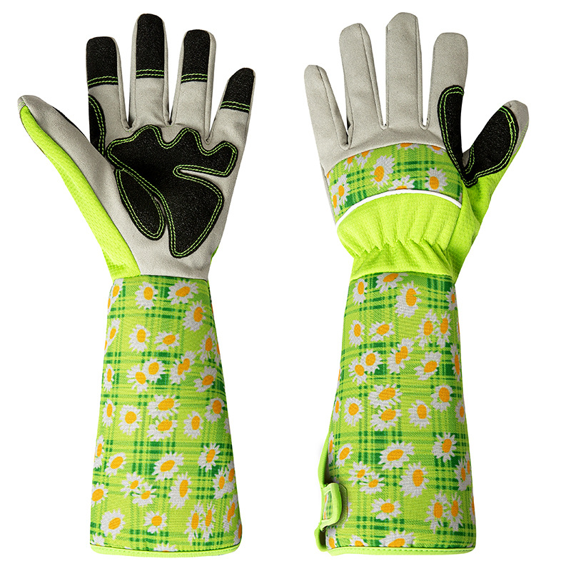 Langärmlige Gartenhandschuhe Mit Handgelenkschutz Für Gartenarbeit, Baumschnitt Und Andere Gartenarbeiten – Rosa Gartenhandschuhe – Unisex – Ein Paar (grünes Blumenmuster)